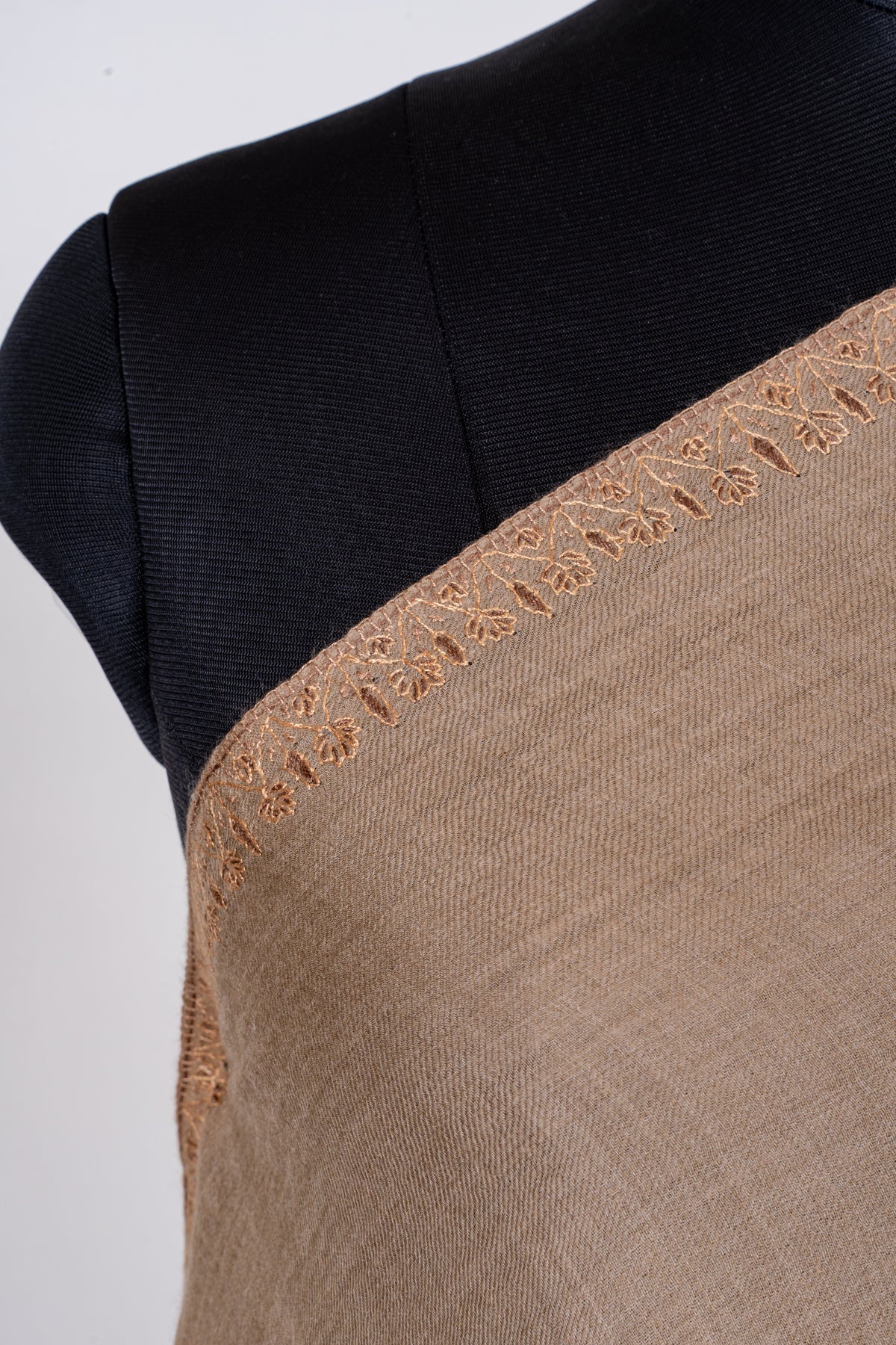 Sand Dune Elegance Fine Merino Wool Shawl with Tonal Sozni Hand Embroidered Botanical Motifs