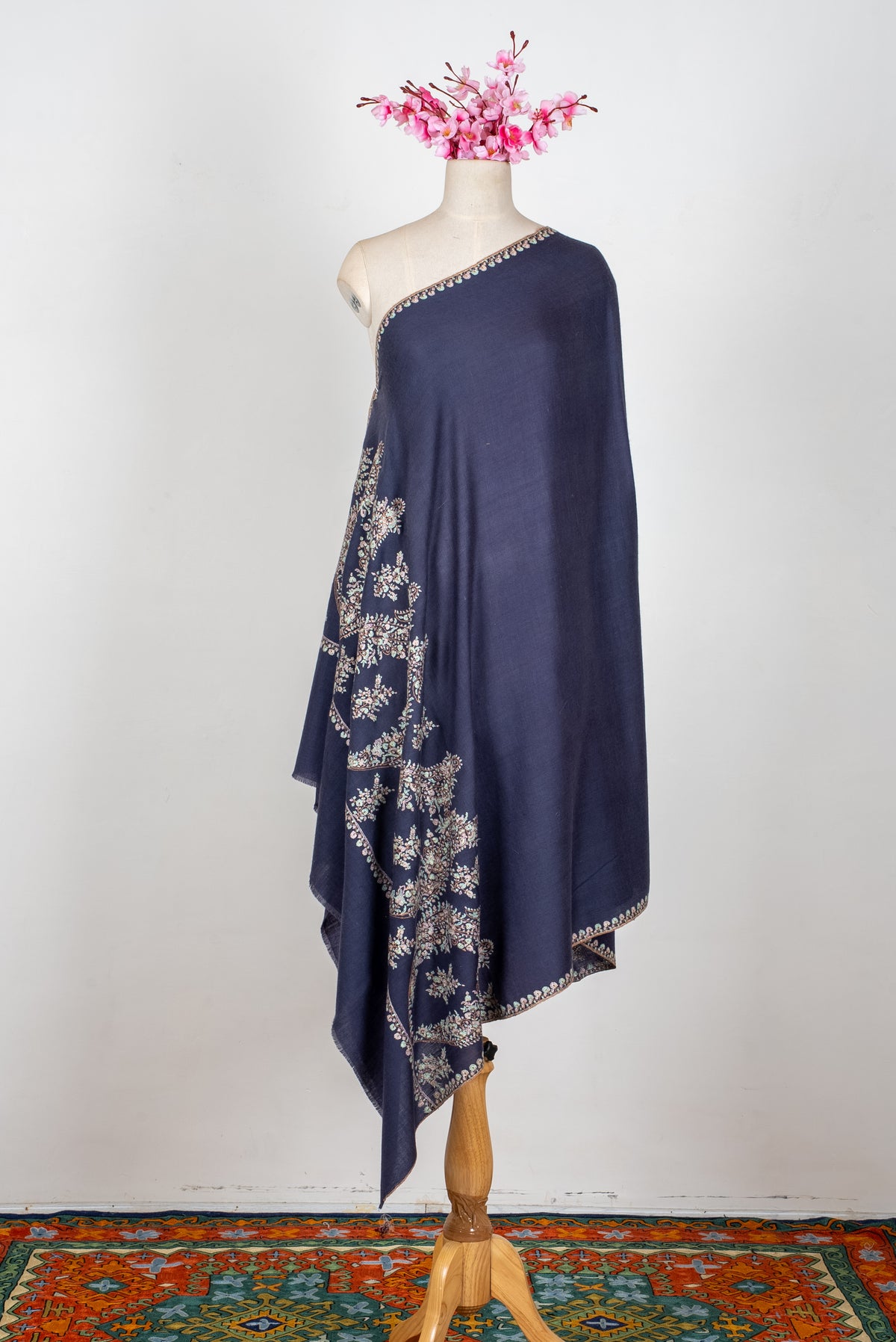 Midnight Blossom Reverie: Pure Pashmina Hand Embroidered Shawl