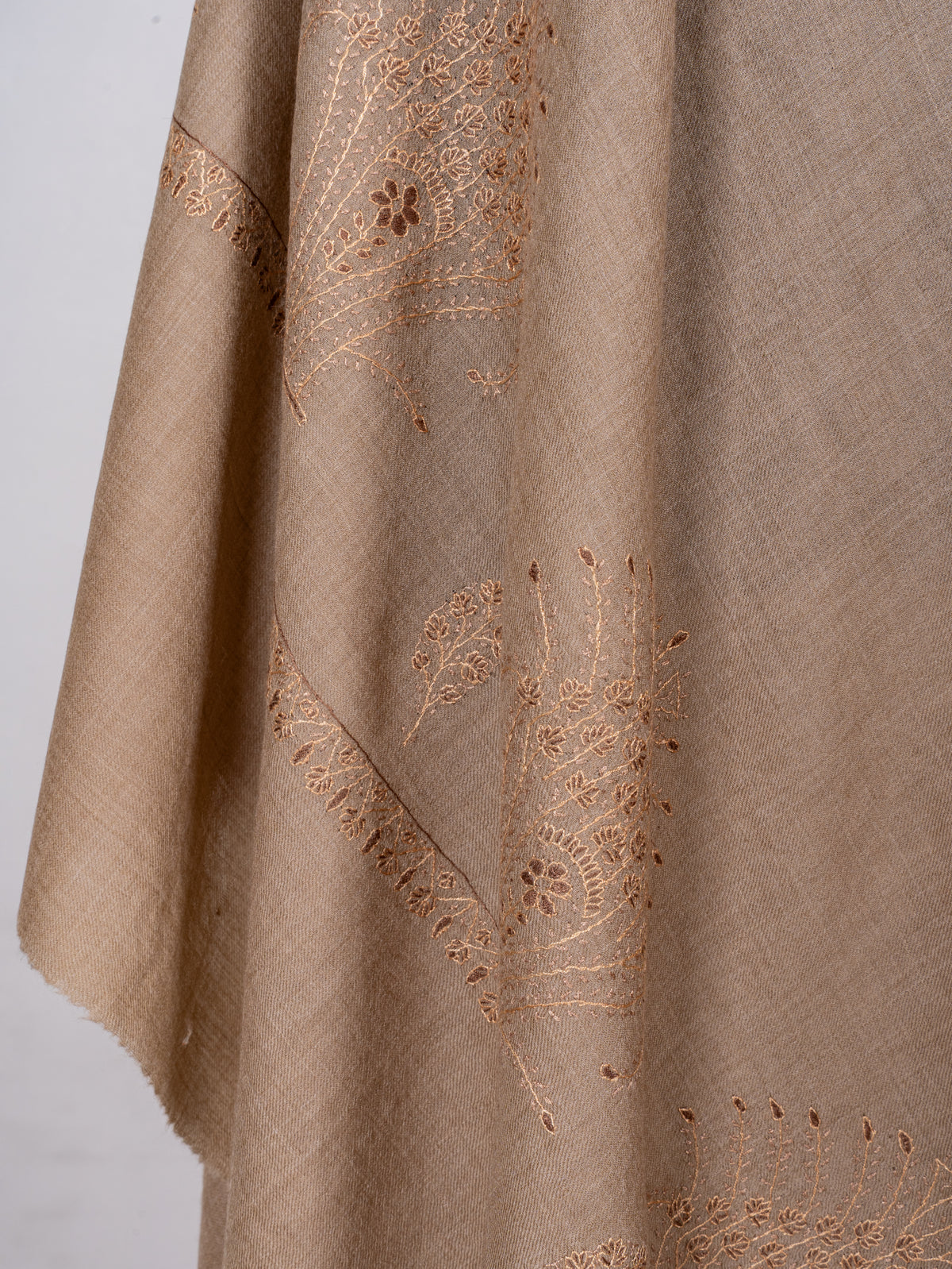 Sand Dune Elegance Fine Merino Wool Shawl with Tonal Sozni Hand Embroidered Botanical Motifs
