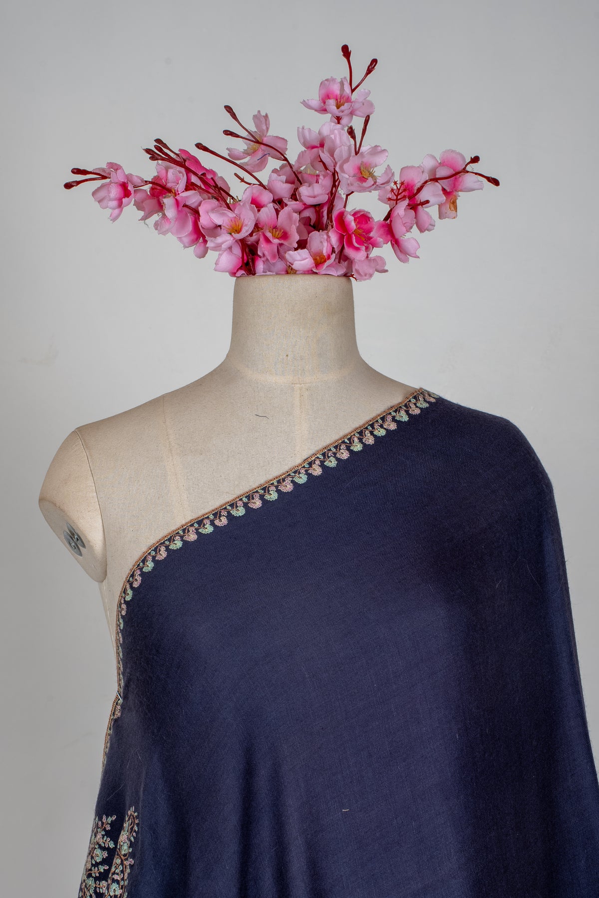 Midnight Blossom Reverie: Pure Pashmina Hand Embroidered Shawl