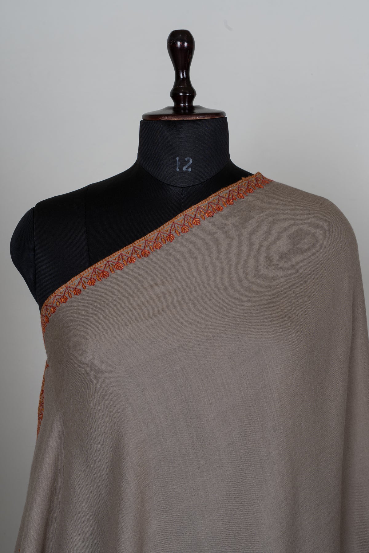 Sandstone Autumn Fine Merino Wool Shawl with Rust Sozni Hand Embroidered Botanical Sprigs