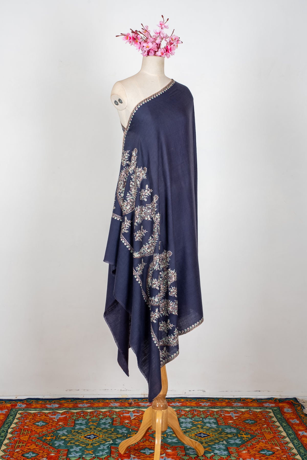 Midnight Blossom Reverie: Pure Pashmina Hand Embroidered Shawl