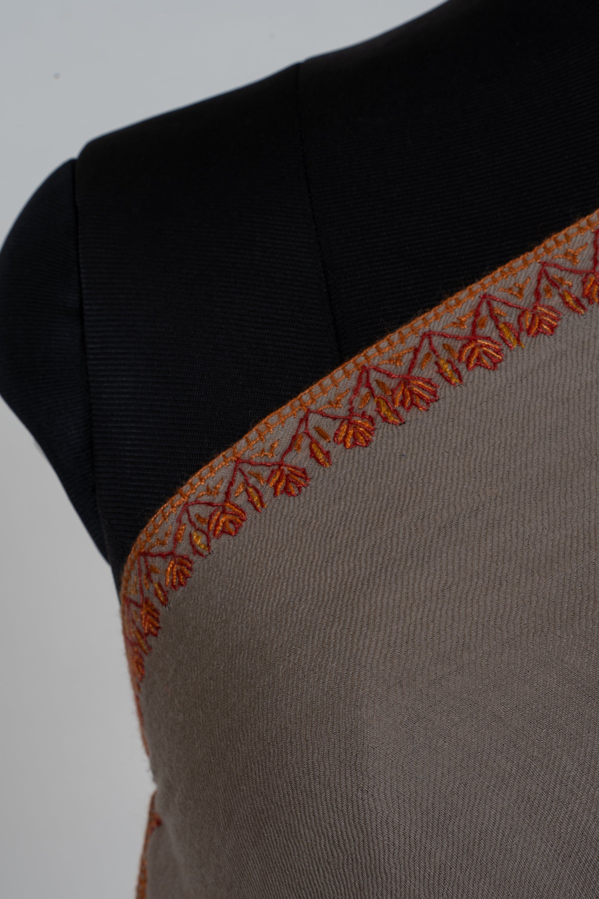 Sandstone Autumn Fine Merino Wool Shawl with Rust Sozni Hand Embroidered Botanical Sprigs