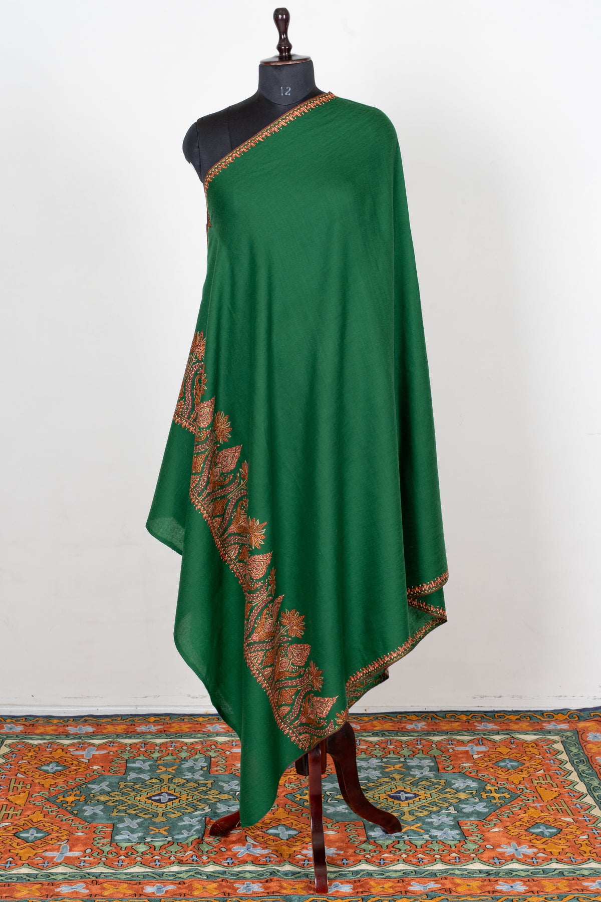 Emerald Ember Fine Merino Wool Shawl with Copper Sozni Hand Embroidered Floral Paisleys