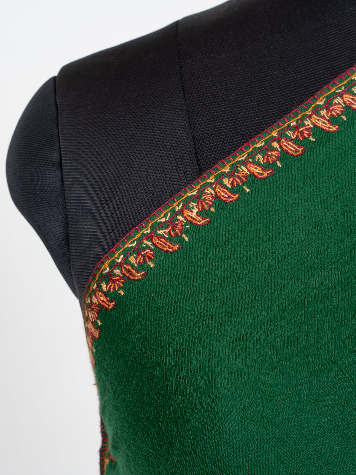 Emerald Ember Fine Merino Wool Shawl with Copper Sozni Hand Embroidered Floral Paisleys