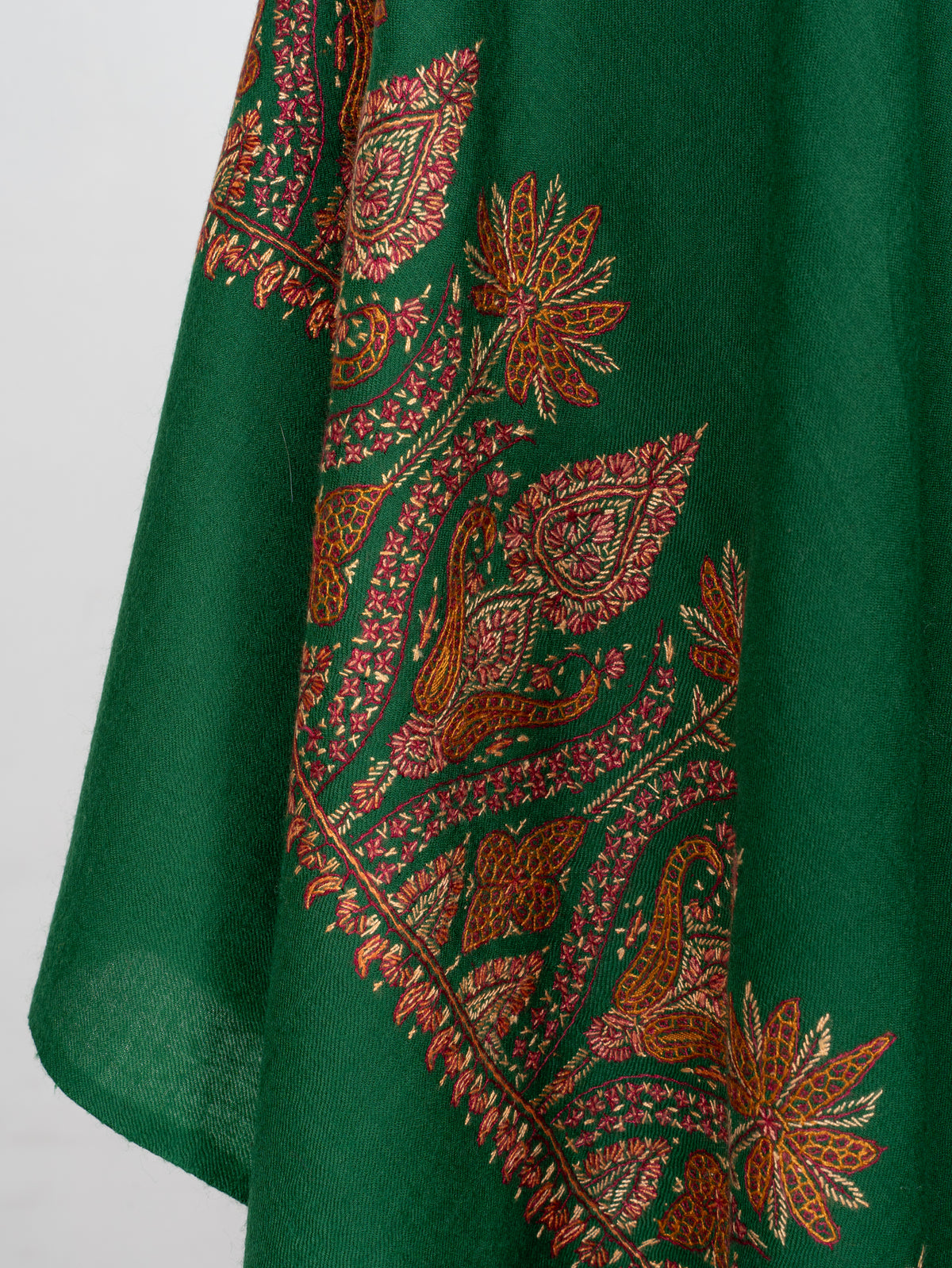 Emerald Ember Fine Merino Wool Shawl with Copper Sozni Hand Embroidered Floral Paisleys