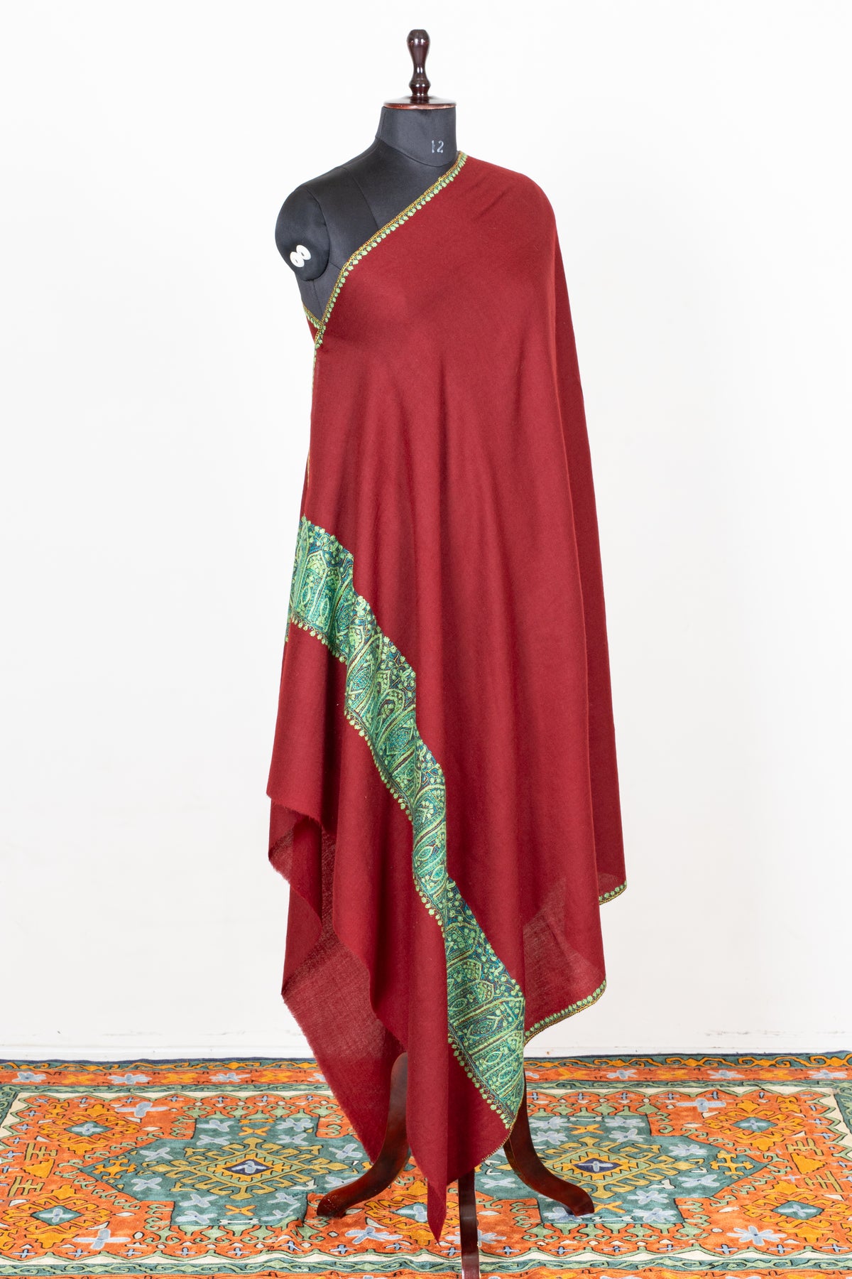 Ruby Lagoon Fine Merino Wool Shawl with Turquoise Sozni Hand Embroidered Paisley Border