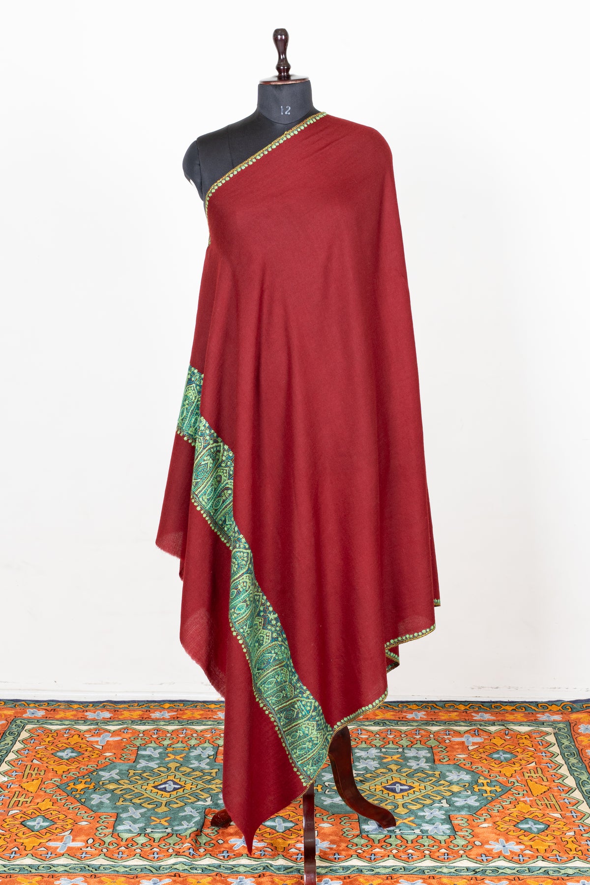 Ruby Lagoon Fine Merino Wool Shawl with Turquoise Sozni Hand Embroidered Paisley Border
