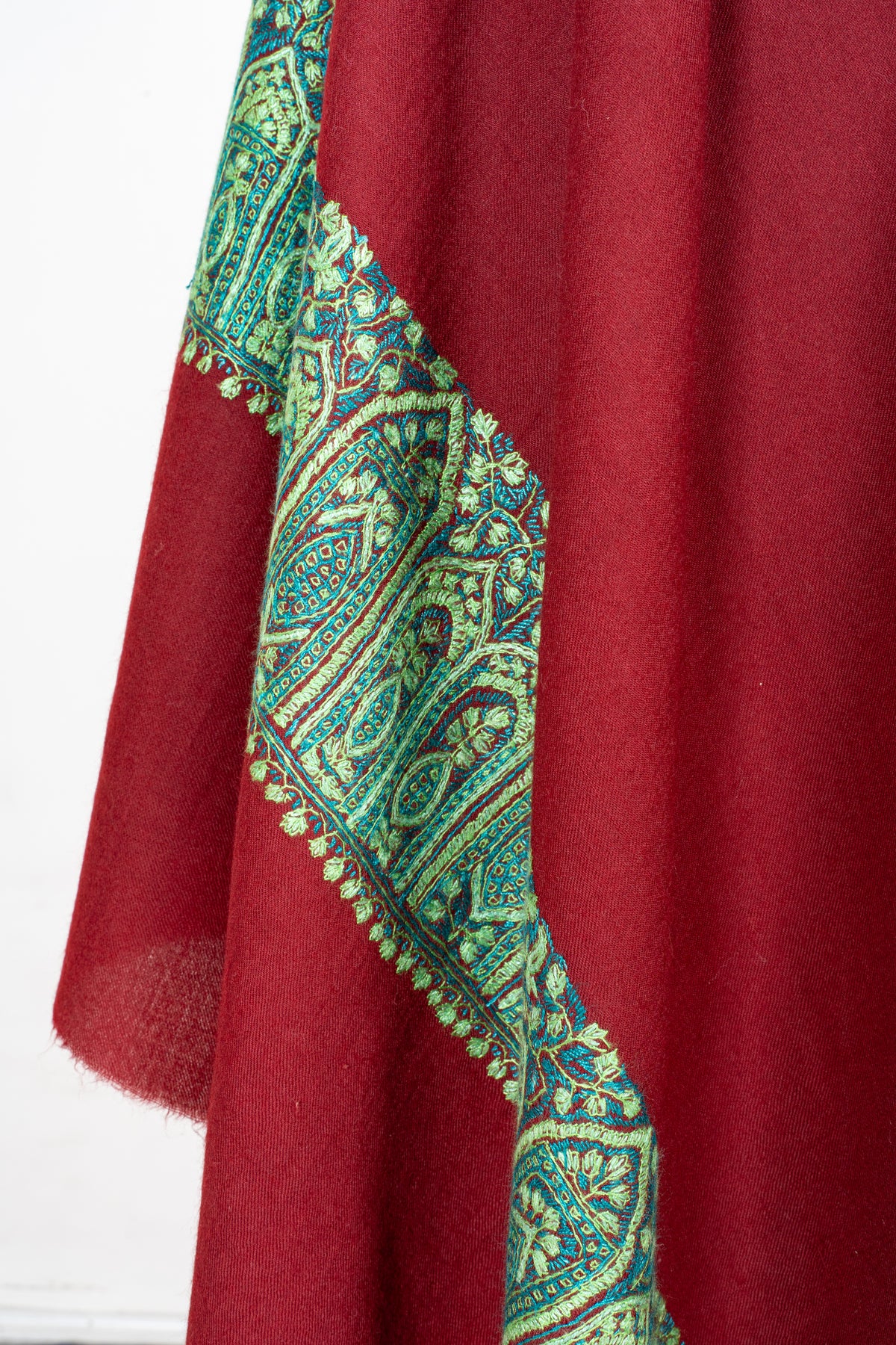 Ruby Lagoon Fine Merino Wool Shawl with Turquoise Sozni Hand Embroidered Paisley Border