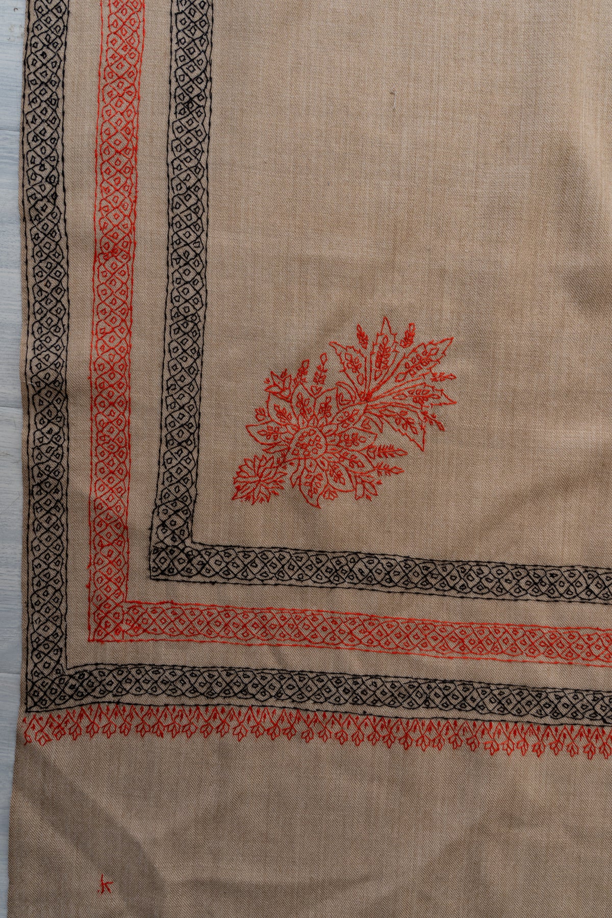 Sandstone Harmony Fine Merino Wool Shawl with Coral and Charcoal Sozni Hand Embroidered Borders