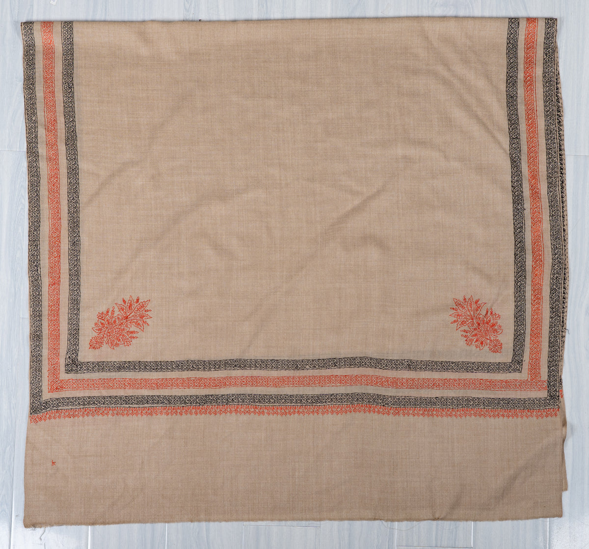 Sandstone Harmony Fine Merino Wool Shawl with Coral and Charcoal Sozni Hand Embroidered Borders