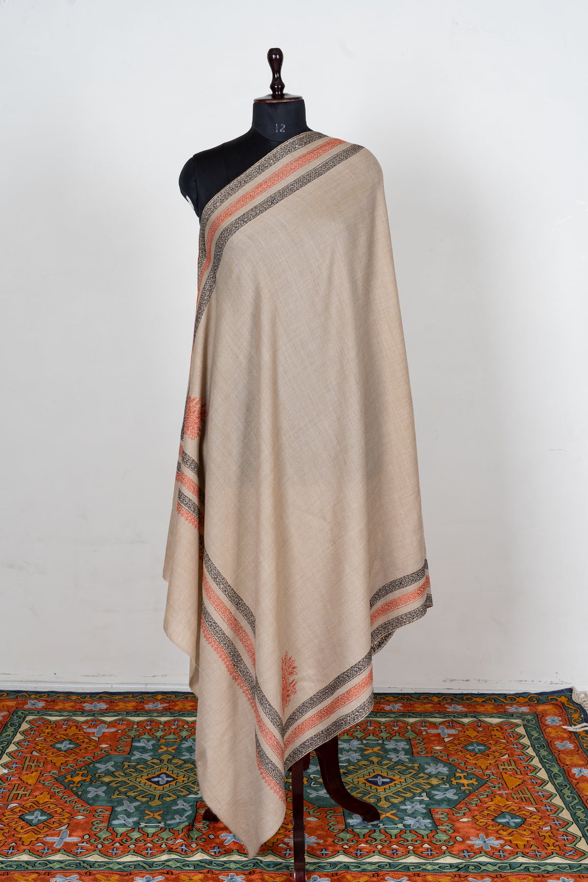 Sandstone Harmony Fine Merino Wool Shawl with Coral and Charcoal Sozni Hand Embroidered Borders