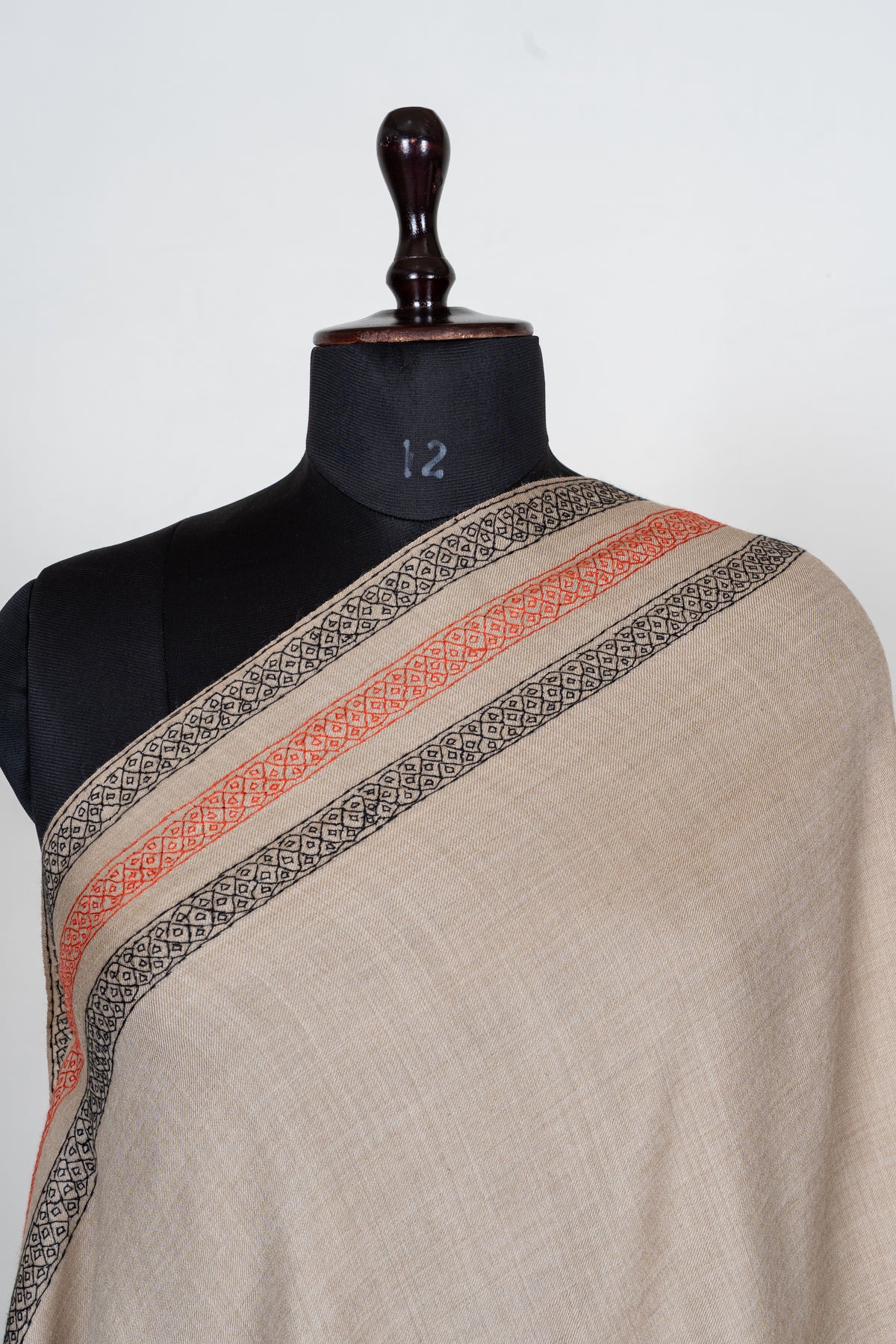 Sandstone Harmony Fine Merino Wool Shawl with Coral and Charcoal Sozni Hand Embroidered Borders