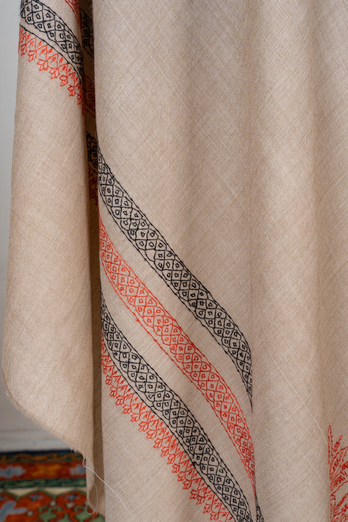 Sandstone Harmony Fine Merino Wool Shawl with Coral and Charcoal Sozni Hand Embroidered Borders