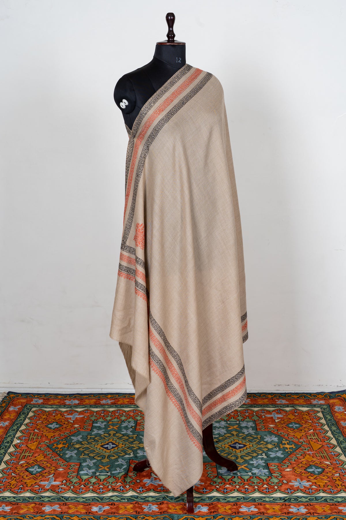 Sandstone Harmony Fine Merino Wool Shawl with Coral and Charcoal Sozni Hand Embroidered Borders