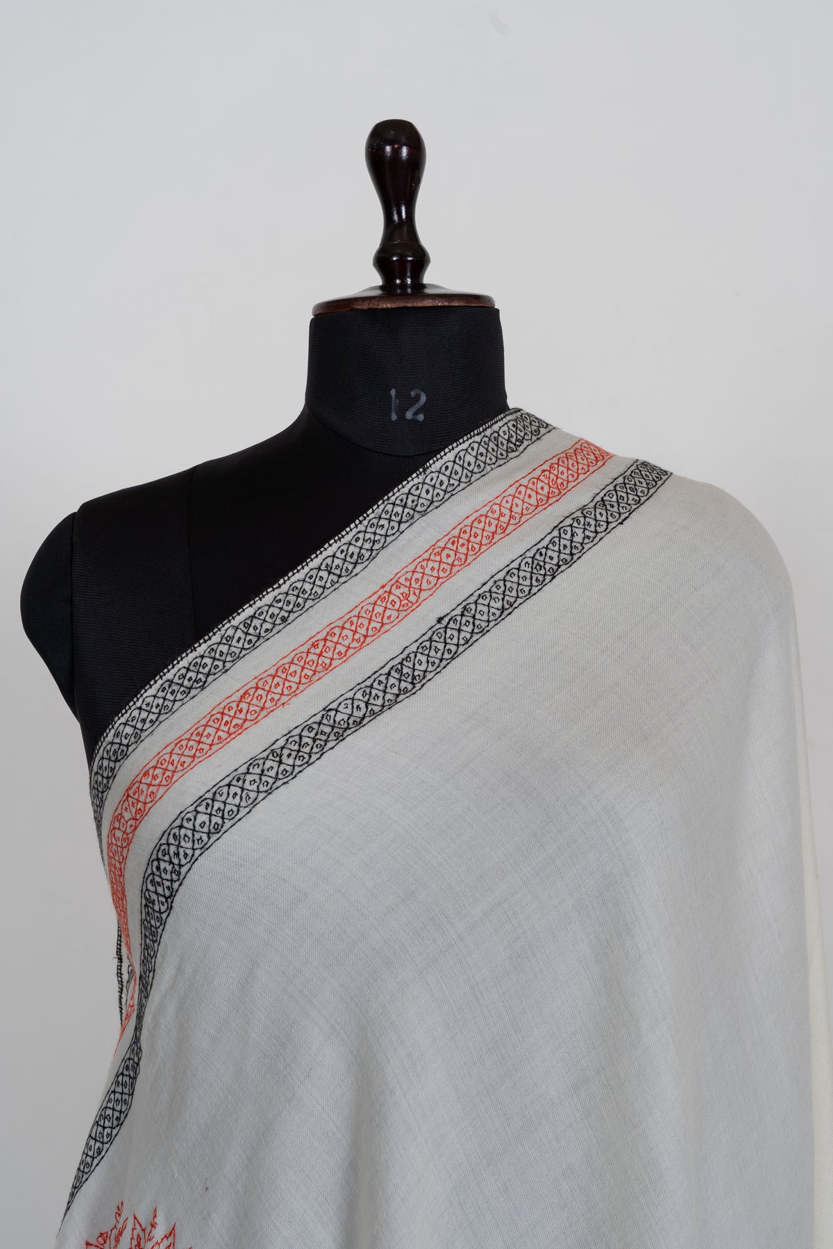 Ivory Coral Harmony Fine Merino Wool Shawl with Sozni Hand Embroidered Geometric Borders