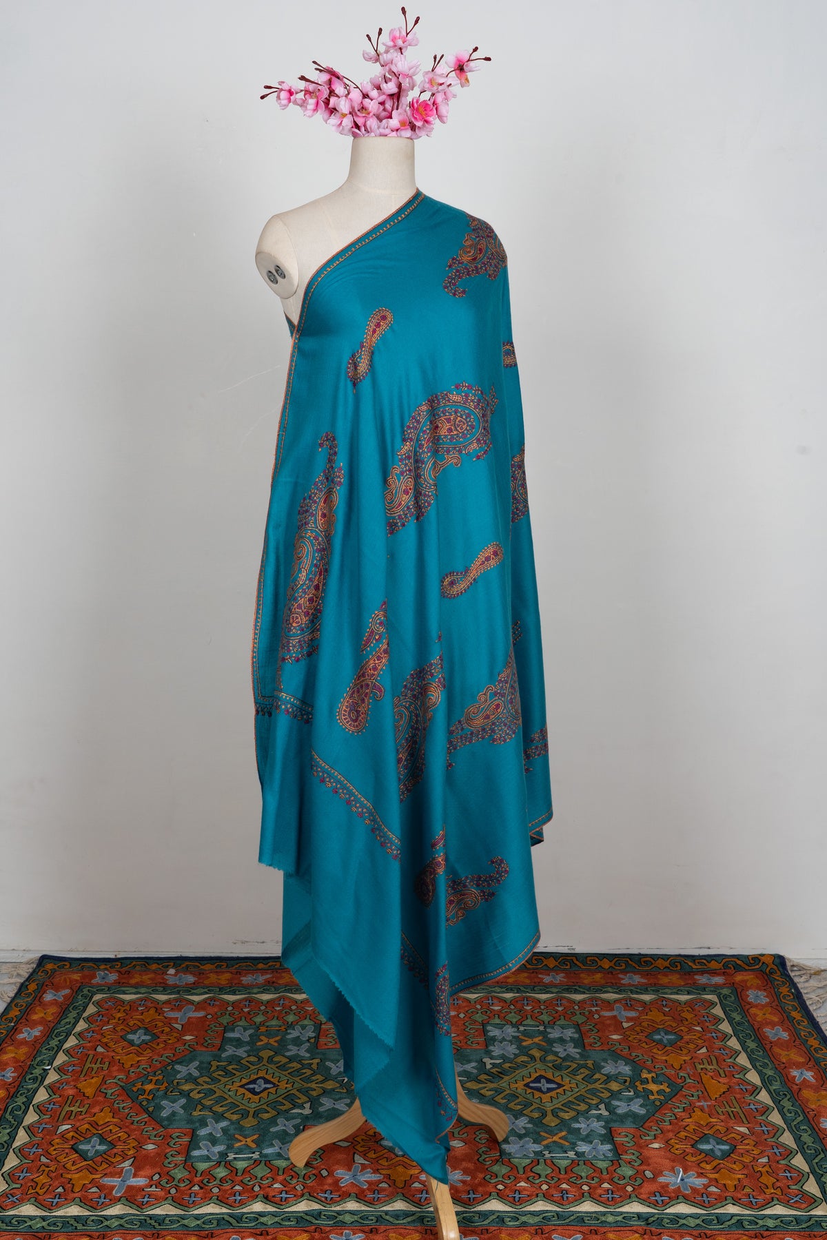 Ivory Bloom Merino wool 2.5 Yards Sozni Hand Embroidered Shawl