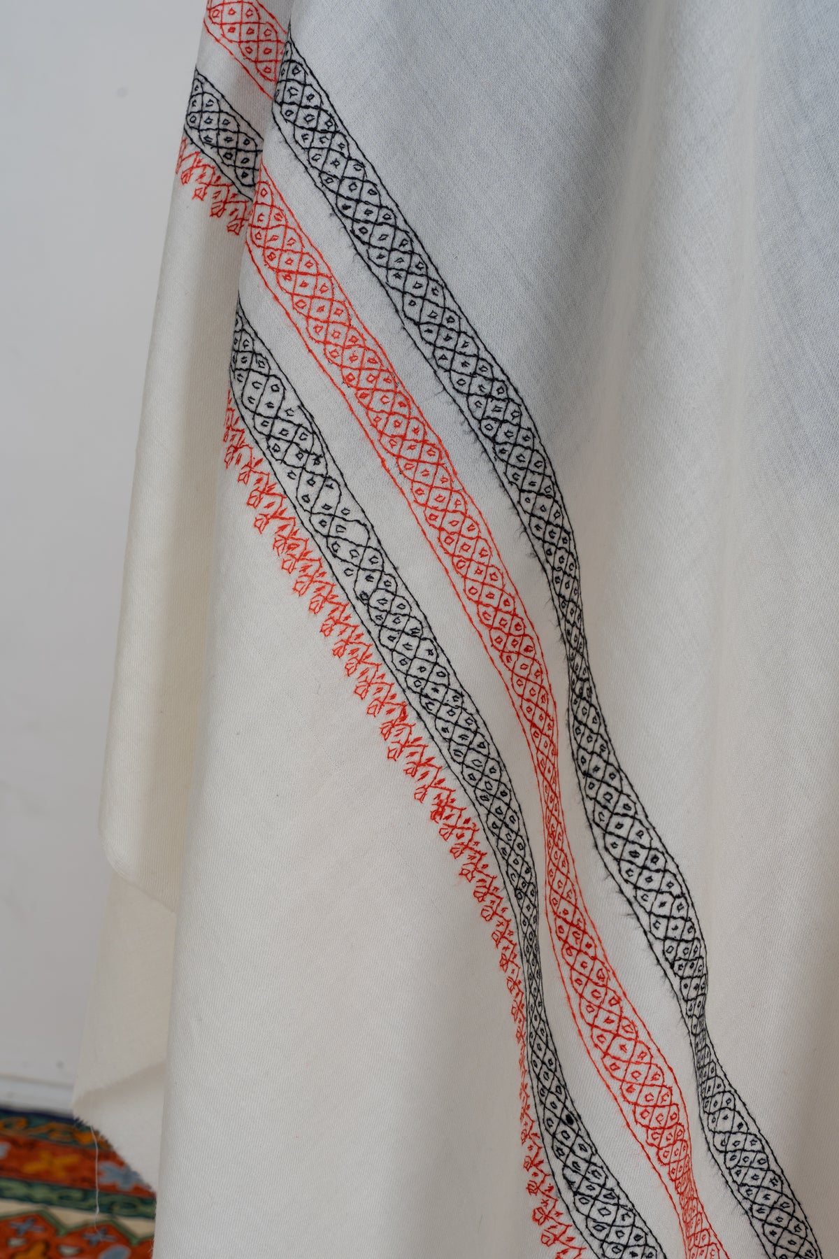 Ivory Coral Harmony Fine Merino Wool Shawl with Sozni Hand Embroidered Geometric Borders
