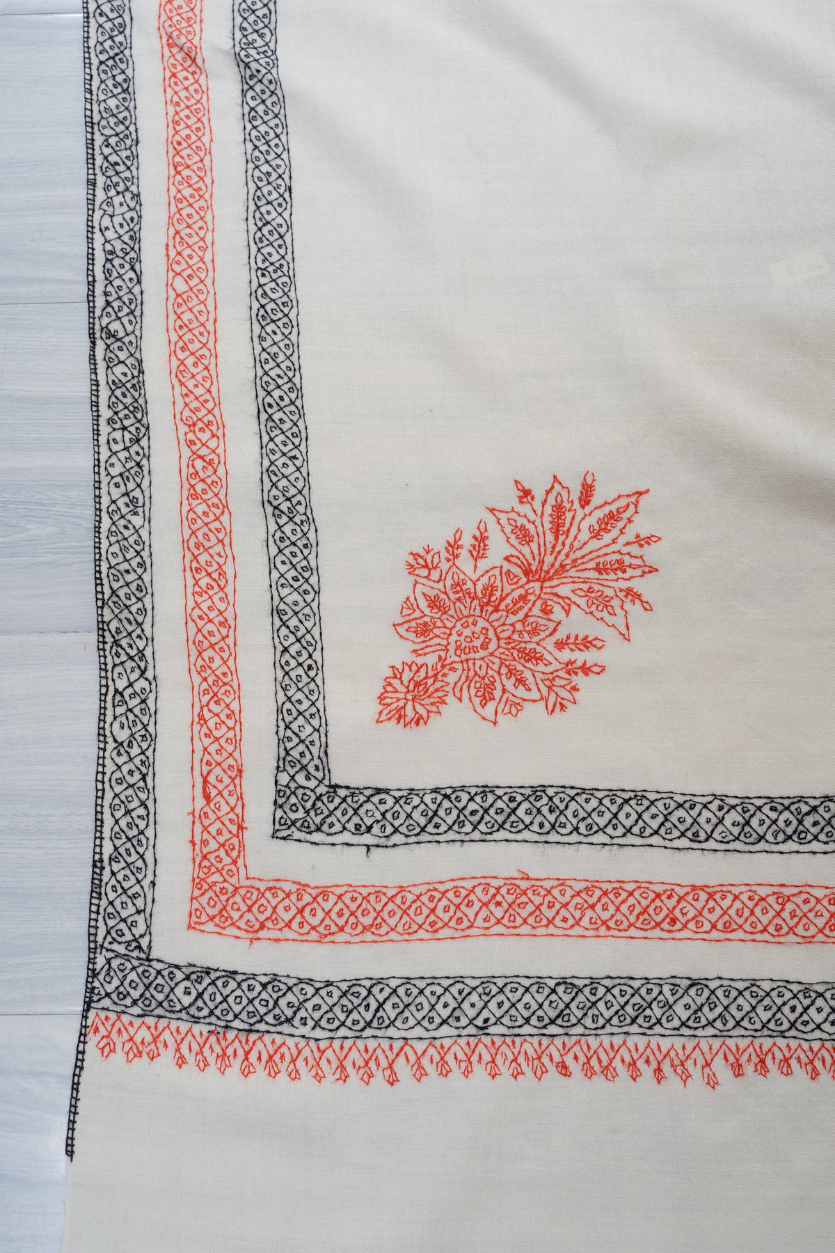 Ivory Coral Harmony Fine Merino Wool Shawl with Sozni Hand Embroidered Geometric Borders