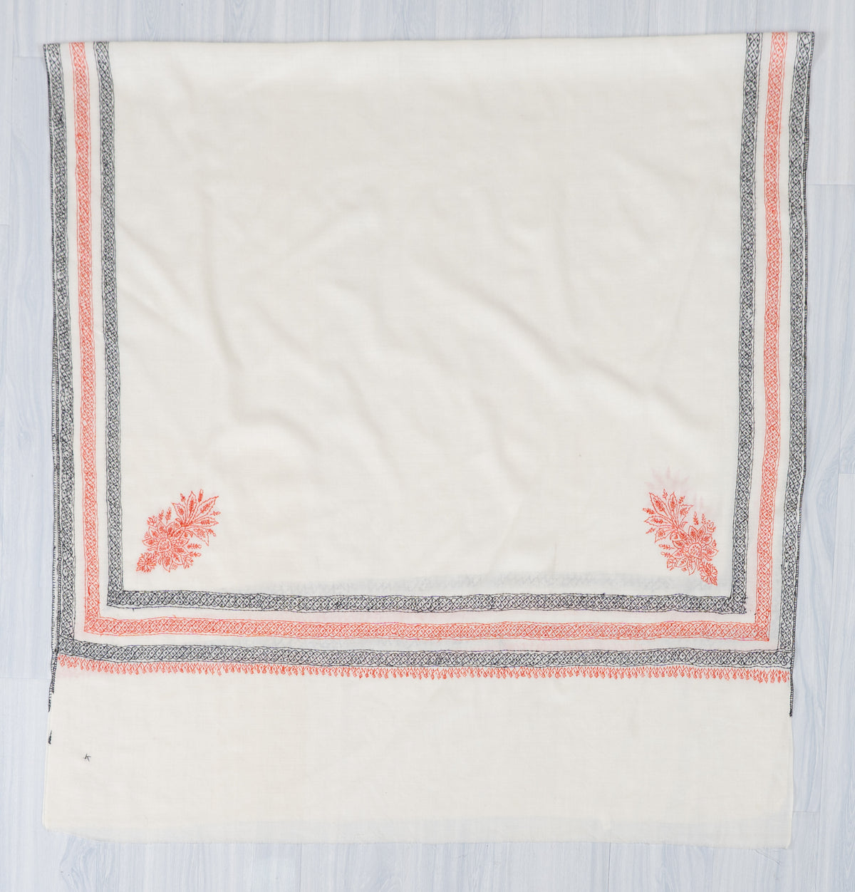 Ivory Coral Harmony Fine Merino Wool Shawl with Sozni Hand Embroidered Geometric Borders