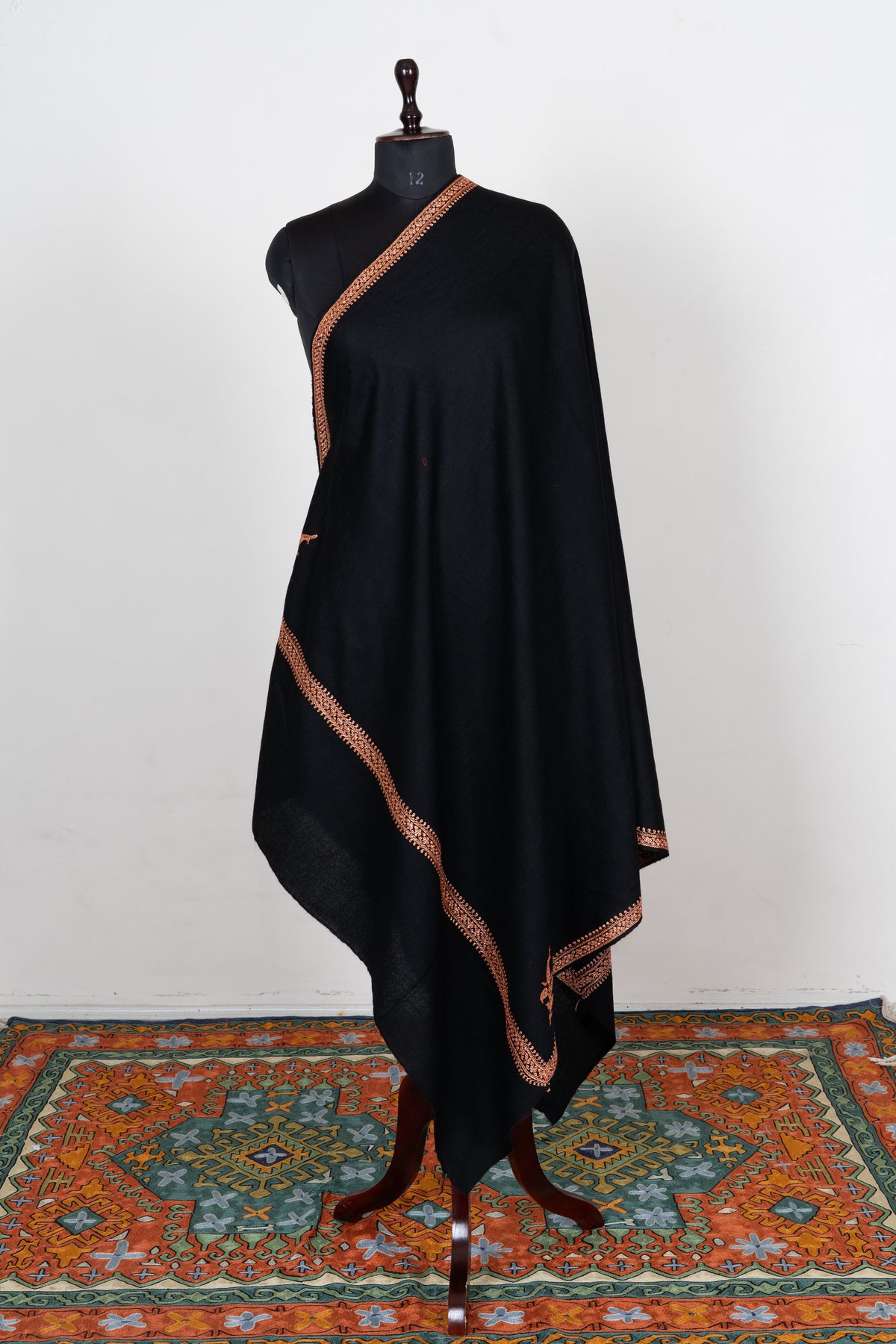 Copper Noir Fine Merino Wool Shawl with Sozni Hand Embroidered Ornamental Borders