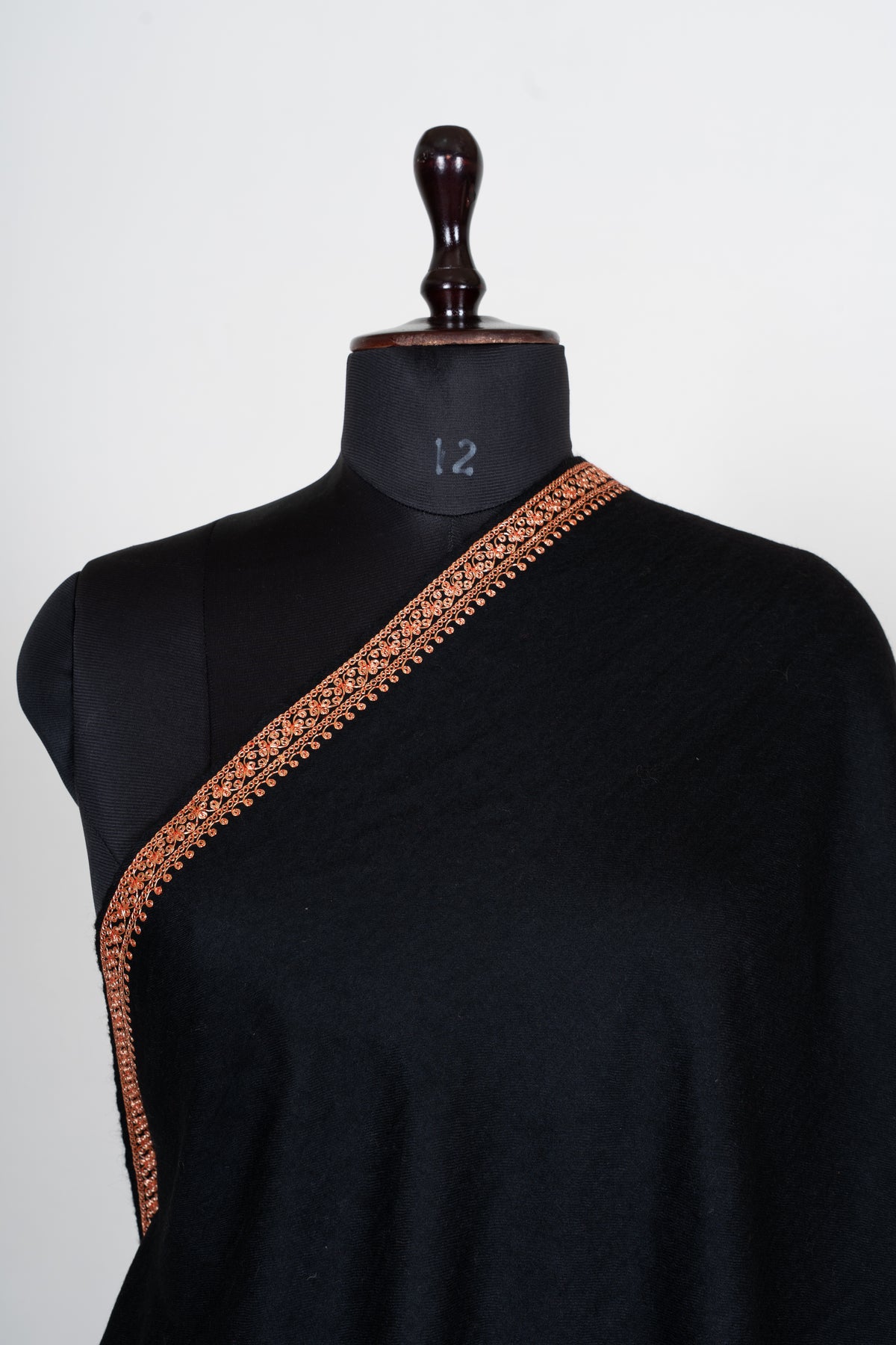 Copper Noir Fine Merino Wool Shawl with Sozni Hand Embroidered Ornamental Borders