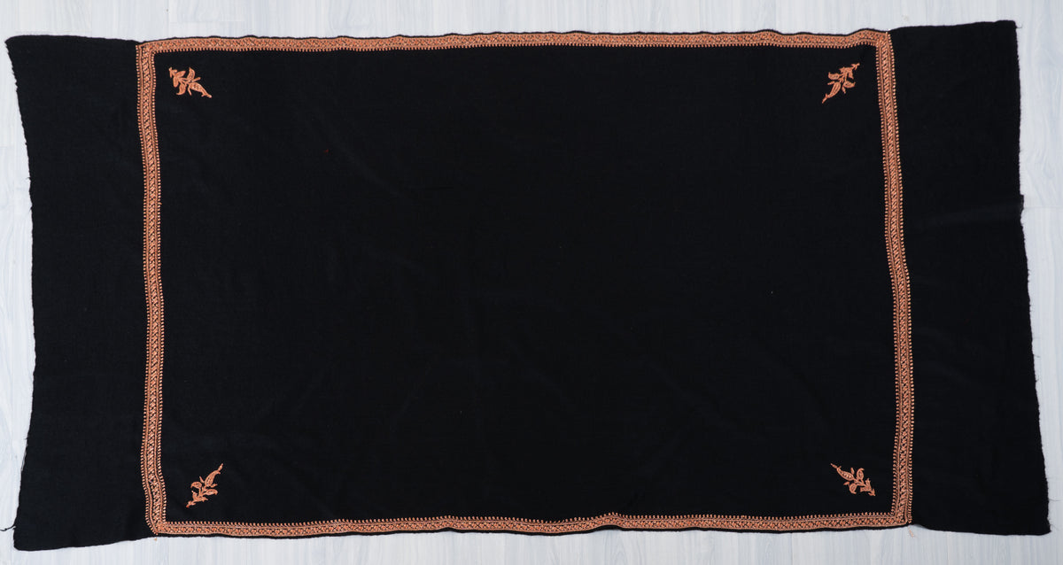 Copper Noir Fine Merino Wool Shawl with Sozni Hand Embroidered Ornamental Borders