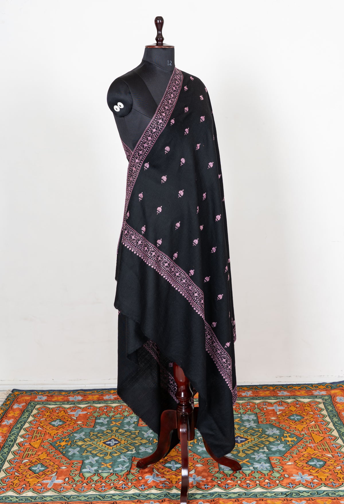 Midnight Rose Fine Merino Wool Shawl with Pink Sozni Hand Embroidered Floral Sprigs