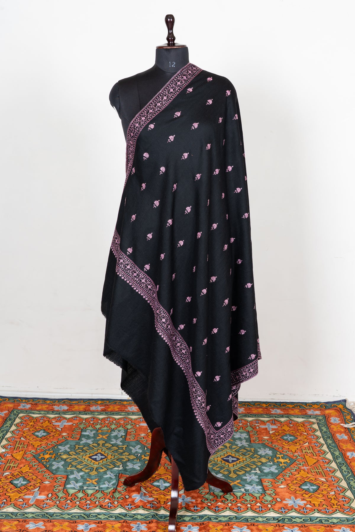 Midnight Rose Fine Merino Wool Shawl with Pink Sozni Hand Embroidered Floral Sprigs
