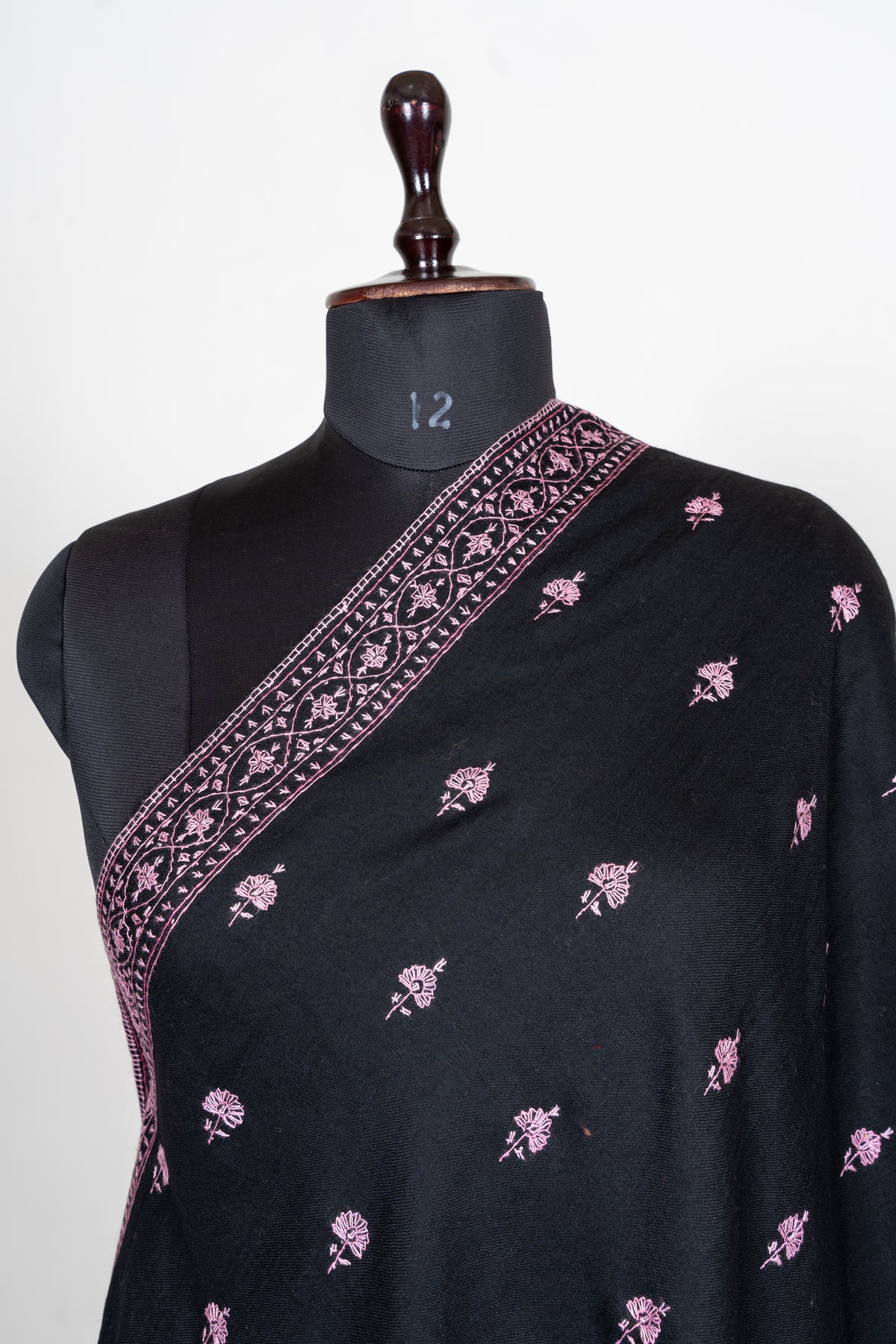 Midnight Rose Fine Merino Wool Shawl with Pink Sozni Hand Embroidered Floral Sprigs