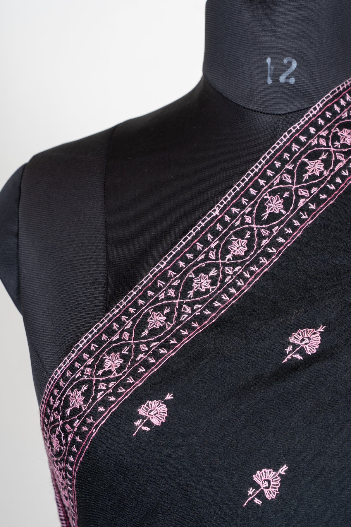 Midnight Rose Fine Merino Wool Shawl with Pink Sozni Hand Embroidered Floral Sprigs