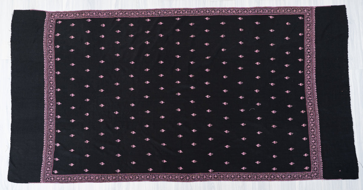 Midnight Rose Fine Merino Wool Shawl with Pink Sozni Hand Embroidered Floral Sprigs