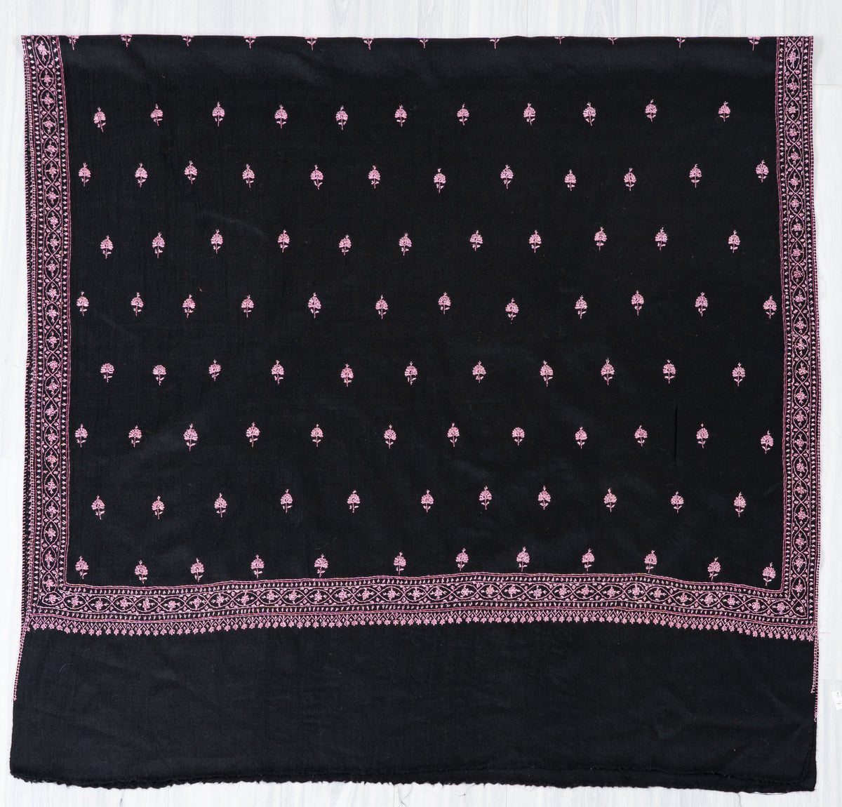 Midnight Rose Fine Merino Wool Shawl with Pink Sozni Hand Embroidered Floral Sprigs