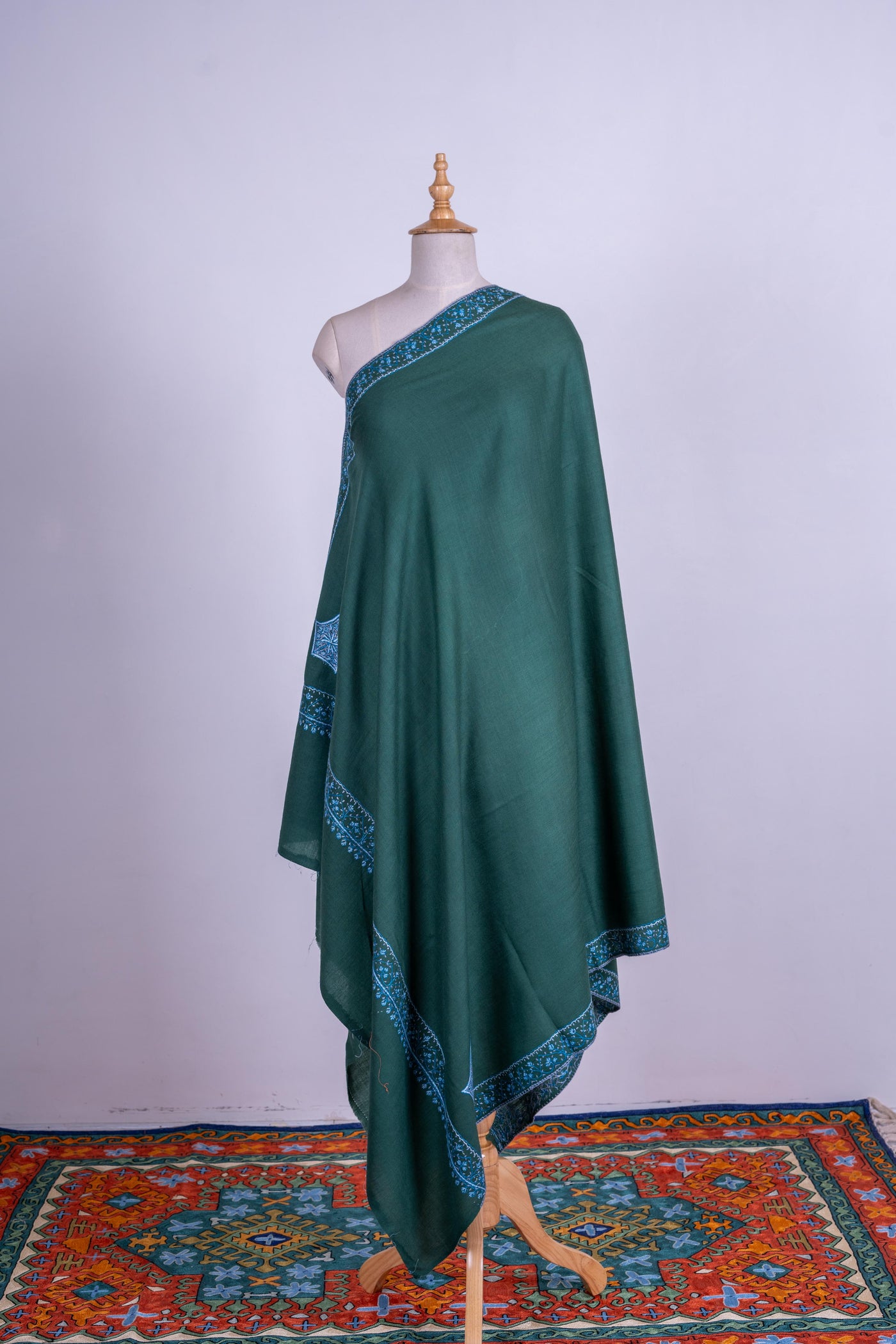 Emerald Elegance - Fine Merino Wool Hand-Embroidered Sozni Shawl