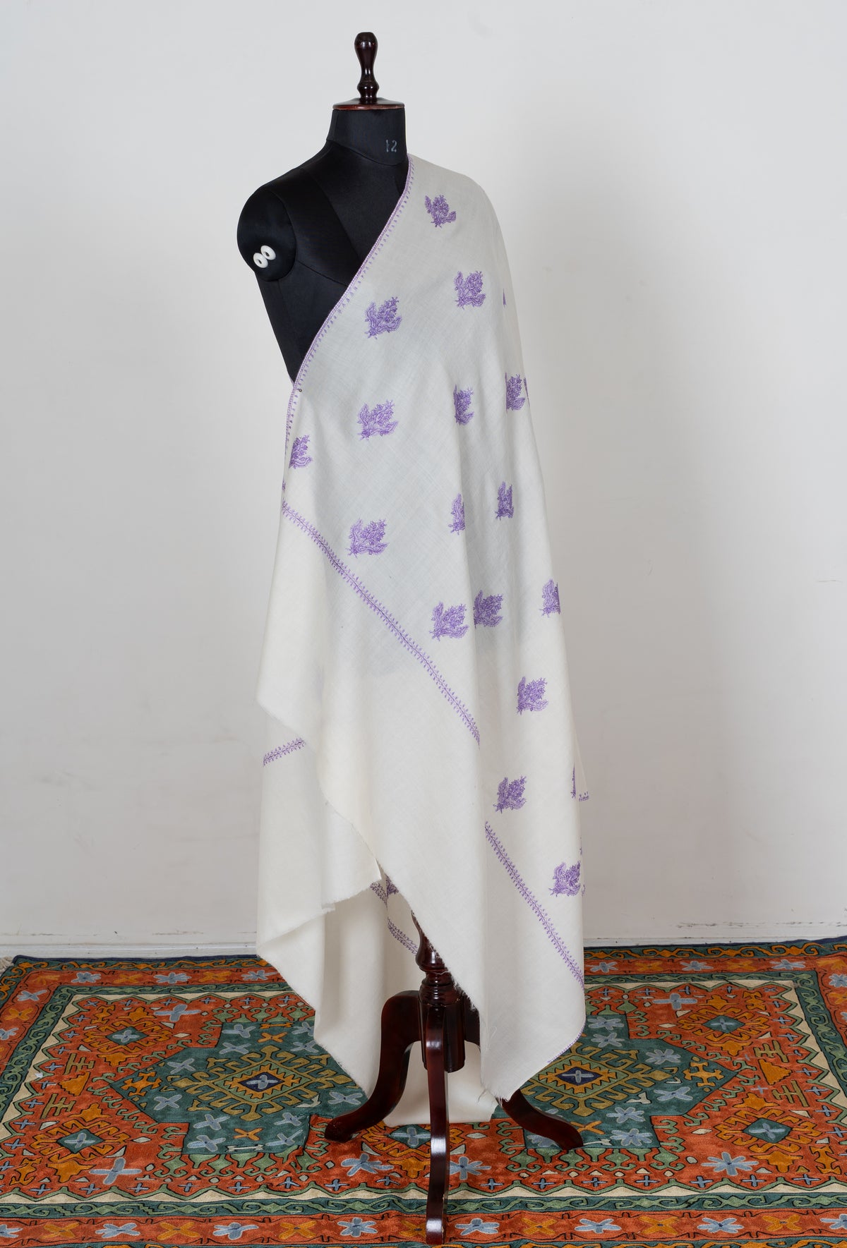 Lavender Snowfall Fine Merino Wool Shawl with Sozni Hand Embroidered Floral Sprigs