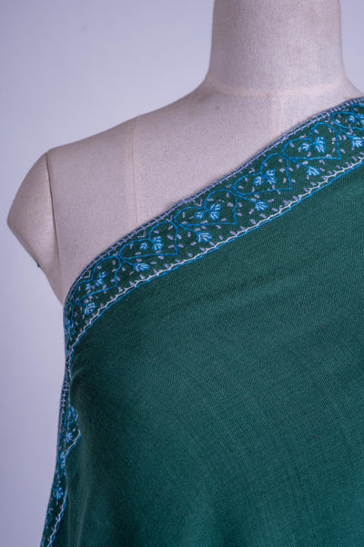 Emerald Elegance - Fine Merino Wool Hand-Embroidered Sozni Shawl