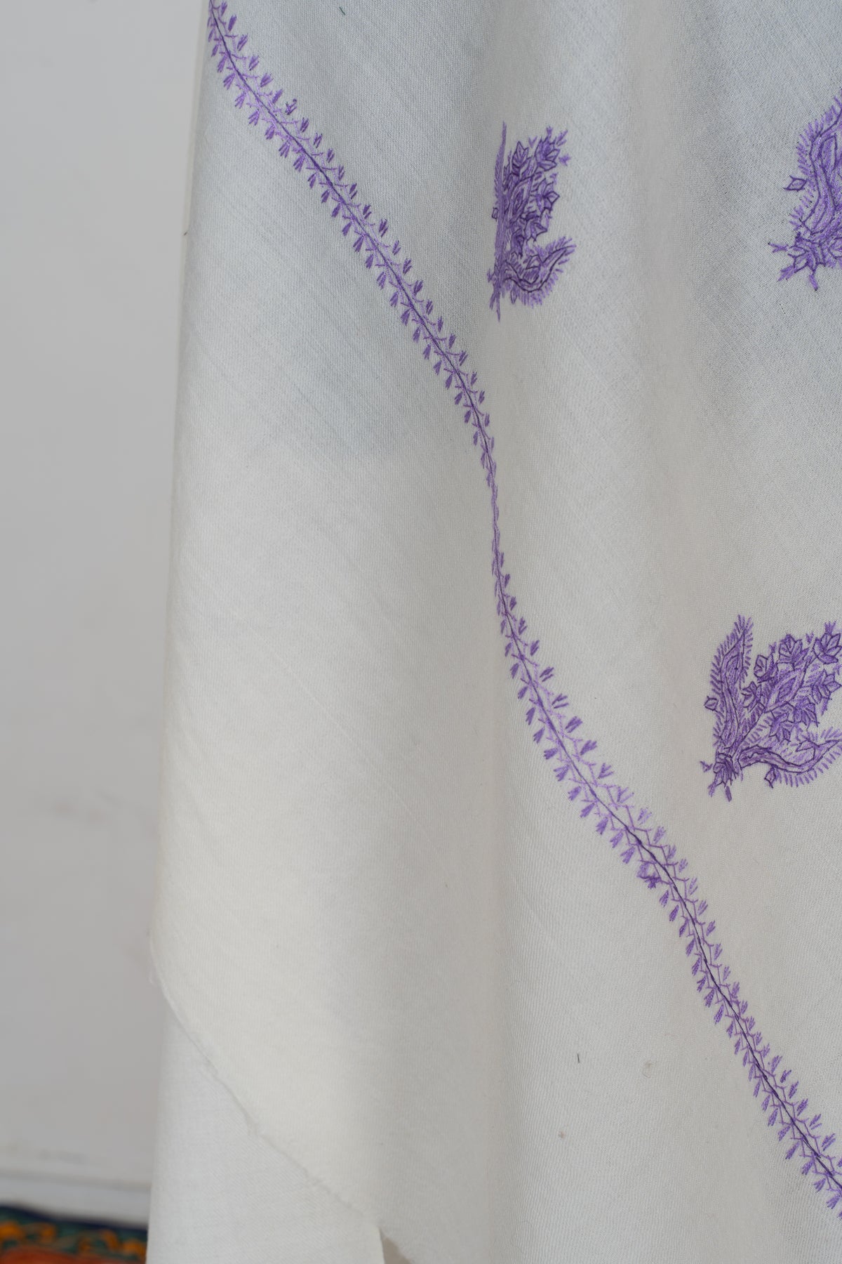 Lavender Snowfall Fine Merino Wool Shawl with Sozni Hand Embroidered Floral Sprigs