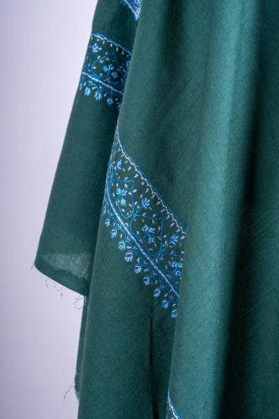 Emerald Elegance - Fine Merino Wool Hand-Embroidered Sozni Shawl