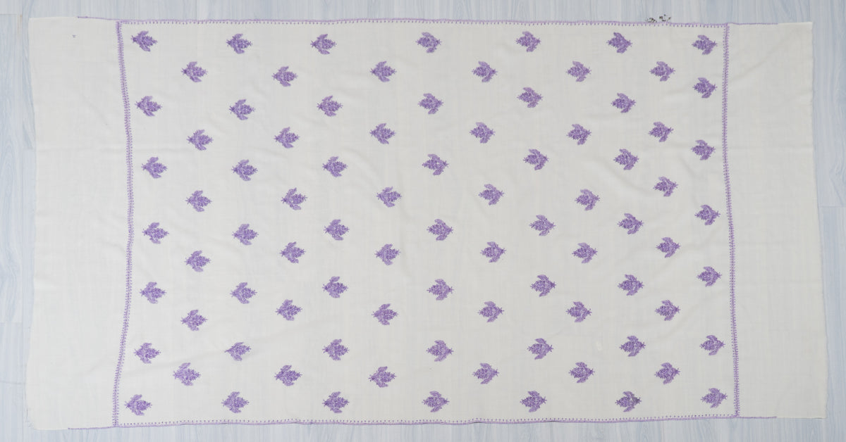 Lavender Snowfall Fine Merino Wool Shawl with Sozni Hand Embroidered Floral Sprigs