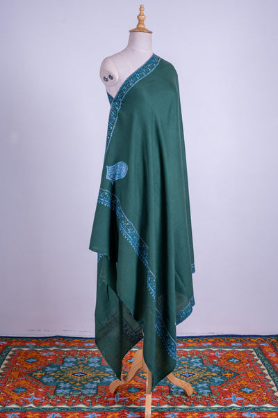 Emerald Elegance - Fine Merino Wool Hand-Embroidered Sozni Shawl