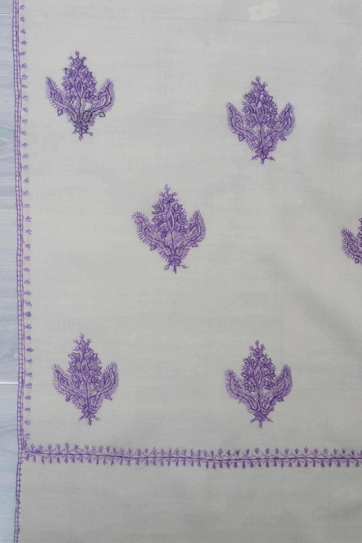 Lavender Snowfall Fine Merino Wool Shawl with Sozni Hand Embroidered Floral Sprigs