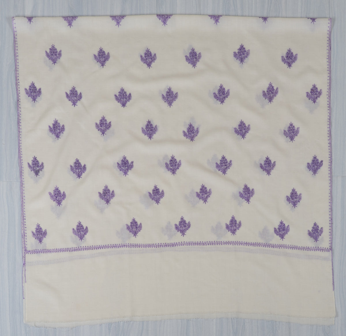 Lavender Snowfall Fine Merino Wool Shawl with Sozni Hand Embroidered Floral Sprigs