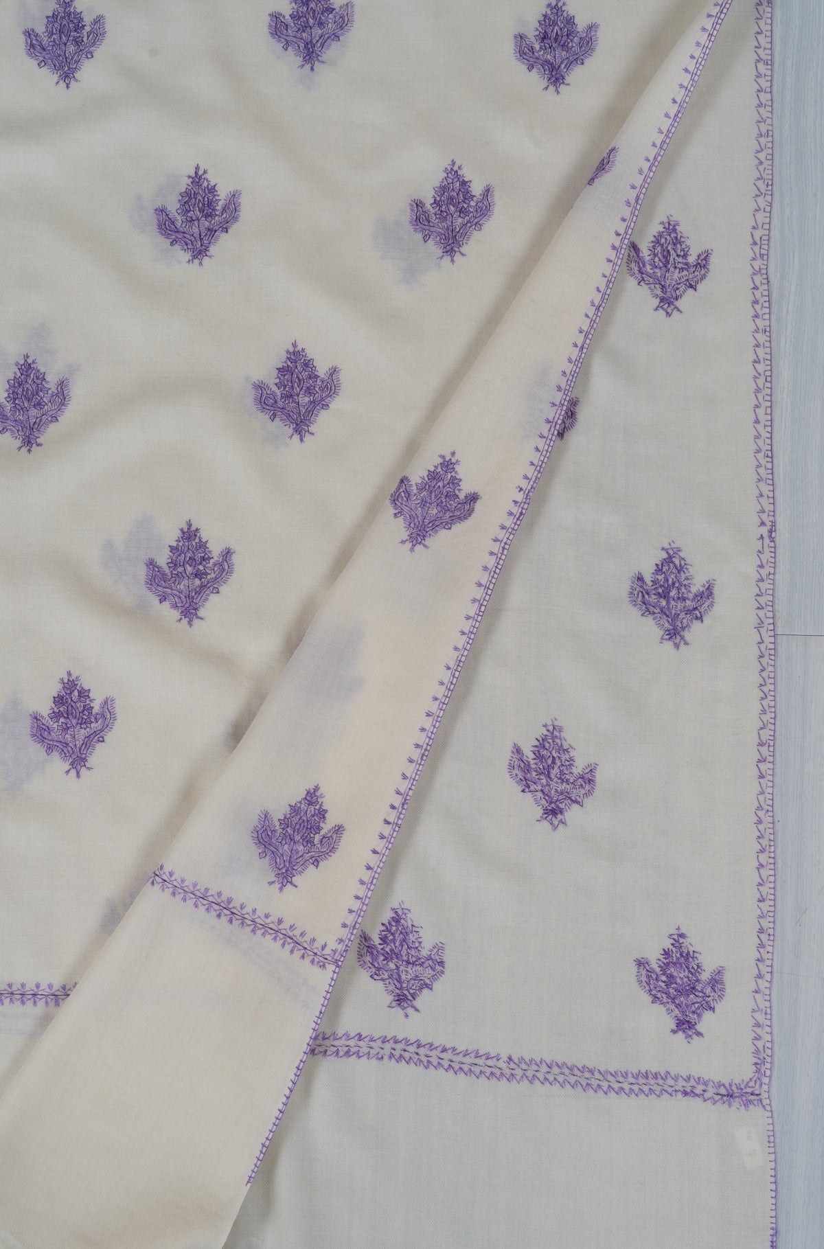 Lavender Snowfall Fine Merino Wool Shawl with Sozni Hand Embroidered Floral Sprigs