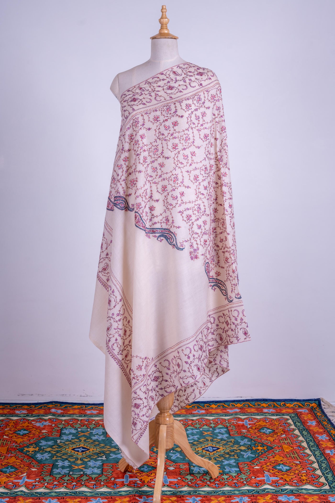 Blossoming Ivory - Merino Wool Shawl with Hand-Embroidered Sozni Motifs