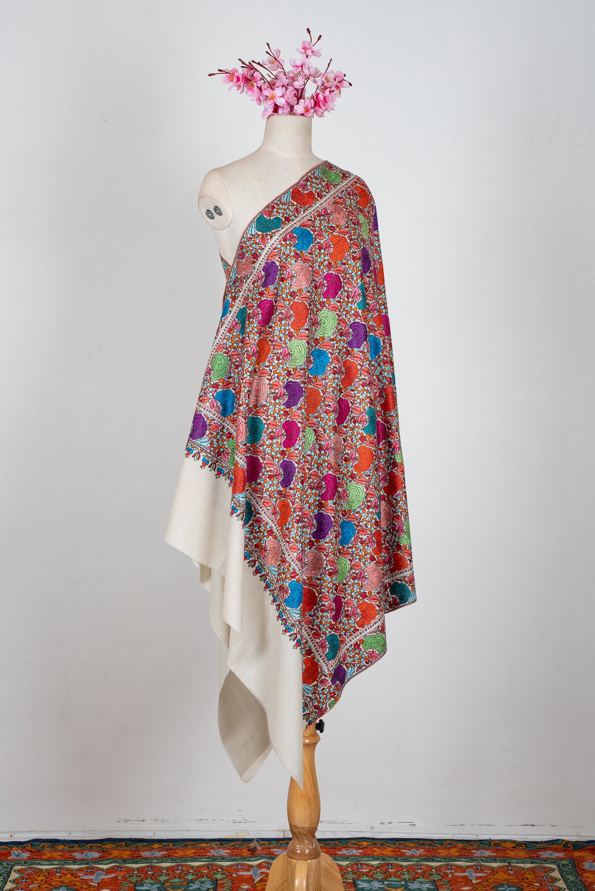 Blossom Carnival Hand Embroidered Papier Mache Pure Pashmina Shawl