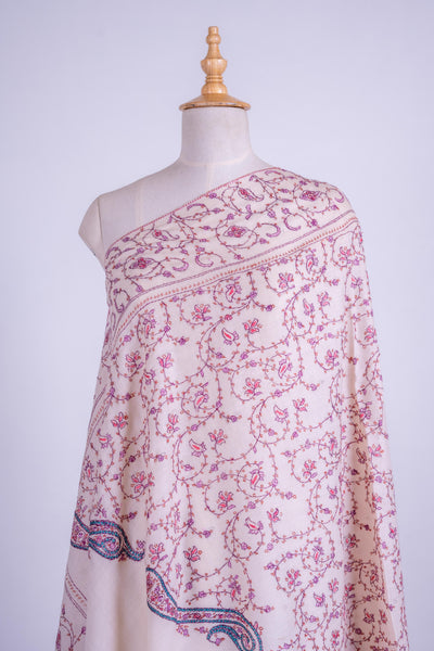 Blossoming Ivory - Merino Wool Shawl with Hand-Embroidered Sozni Motifs