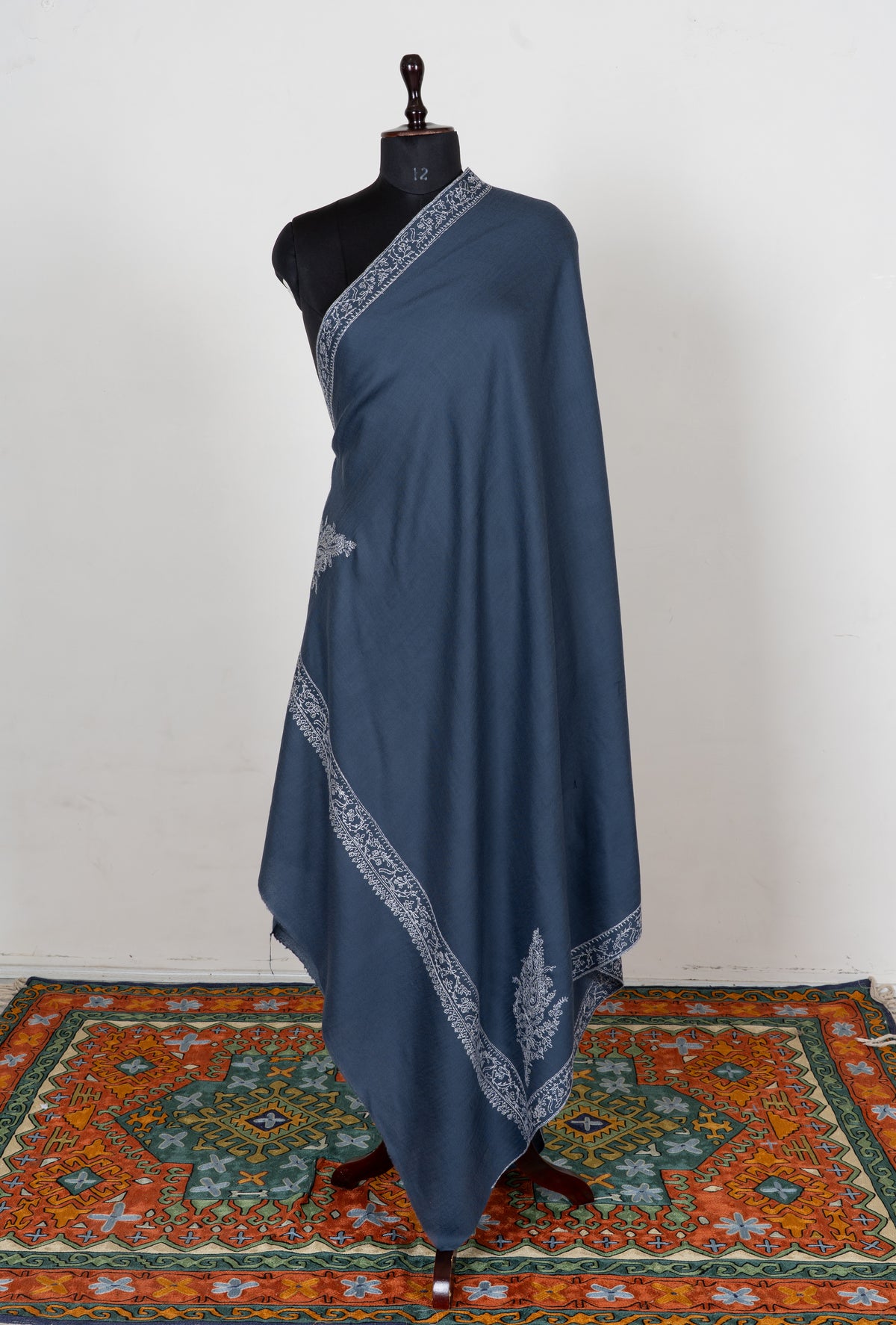 Slate Blue Elegance Fine Merino Wool Shawl with Silver Sozni Hand Embroidered Paisleys