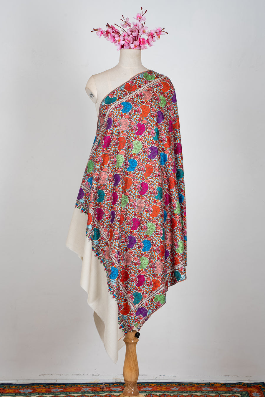 Blossom Carnival Hand Embroidered Papier Mache Pure Pashmina Shawl
