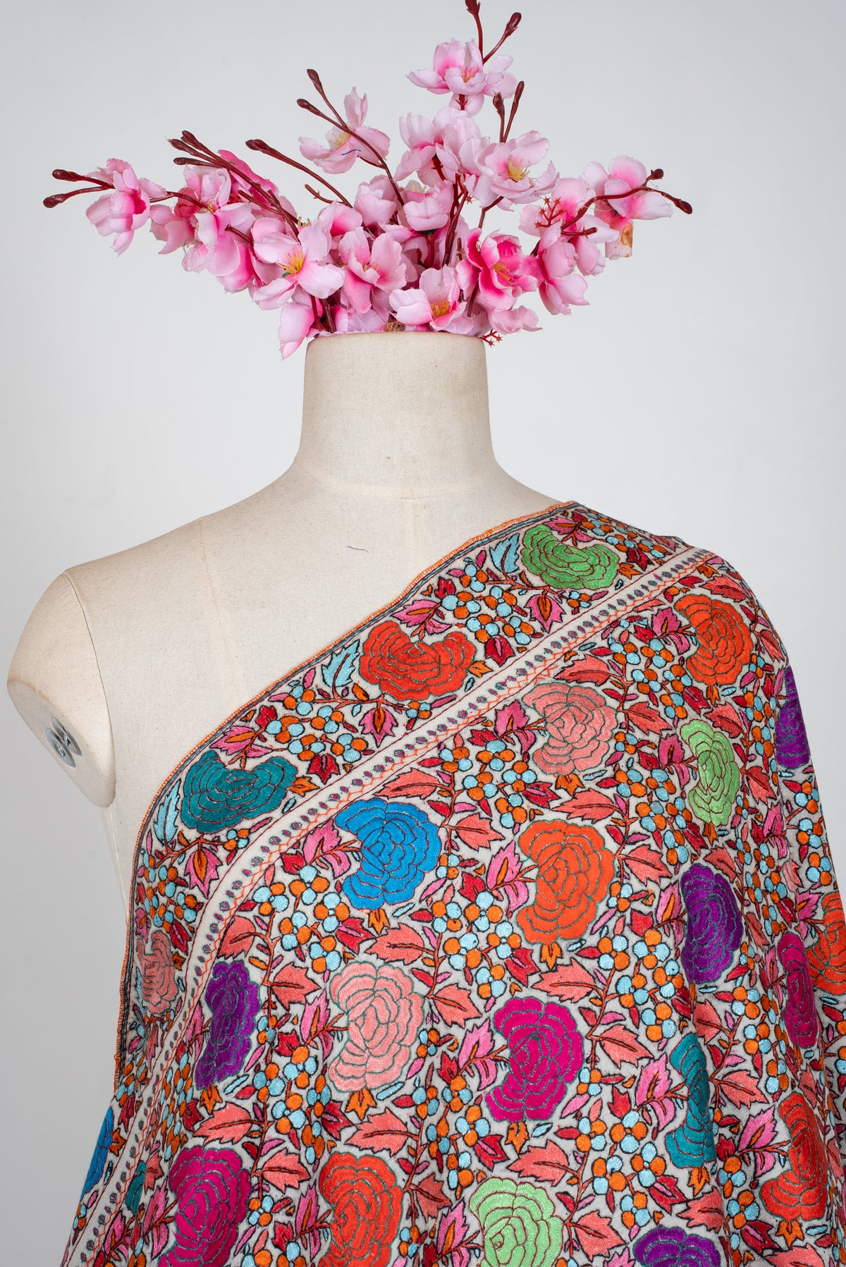 Blossom Carnival Hand Embroidered Papier Mache Pure Pashmina Shawl