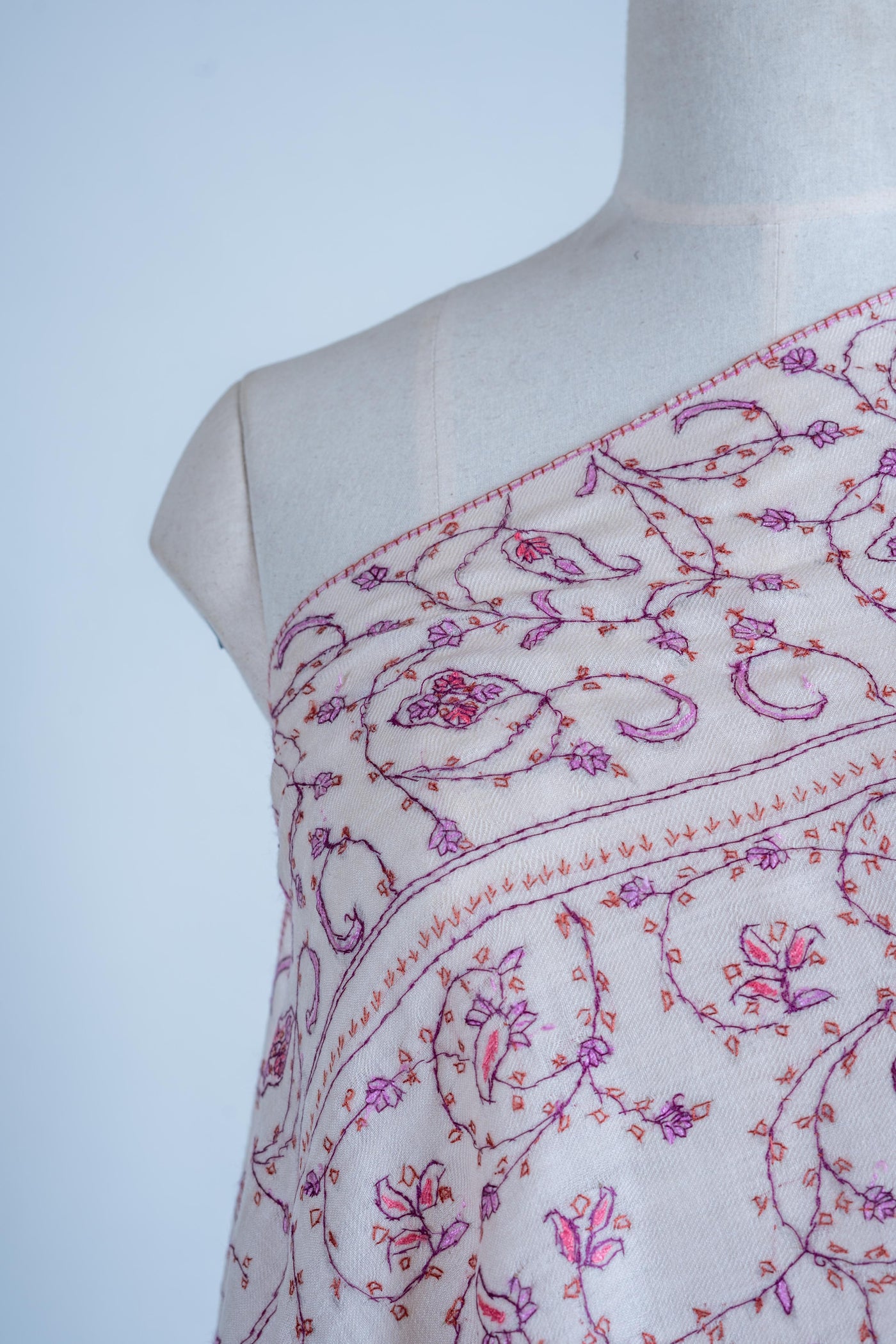 Blossoming Ivory - Merino Wool Shawl with Hand-Embroidered Sozni Motifs